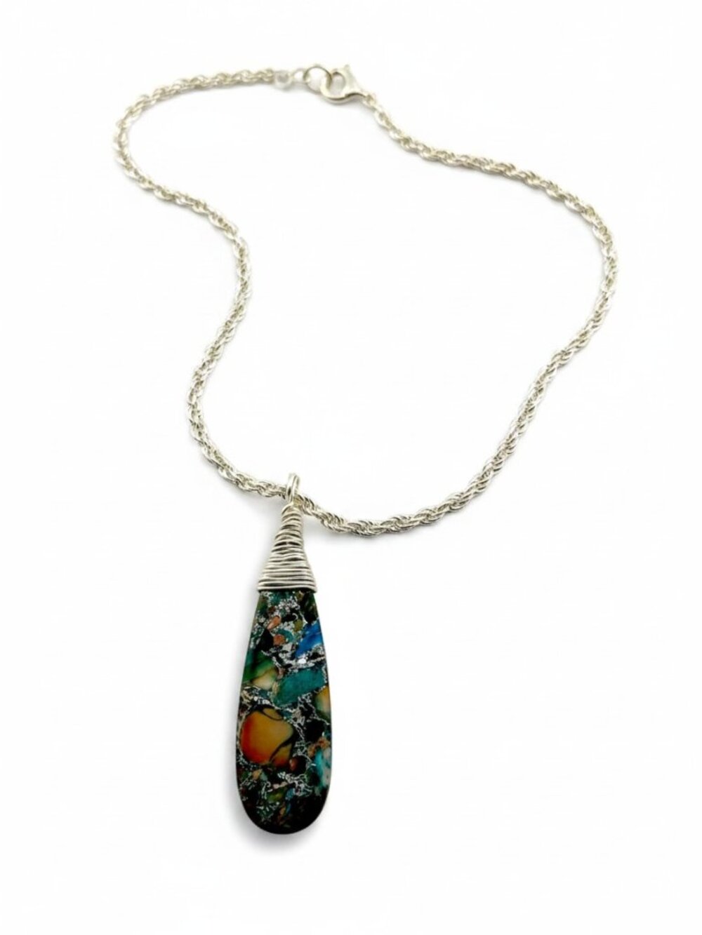 Ocean Blue Impressions Jasper Necklace Pyrite Wire Wrapped Pendant Handmade